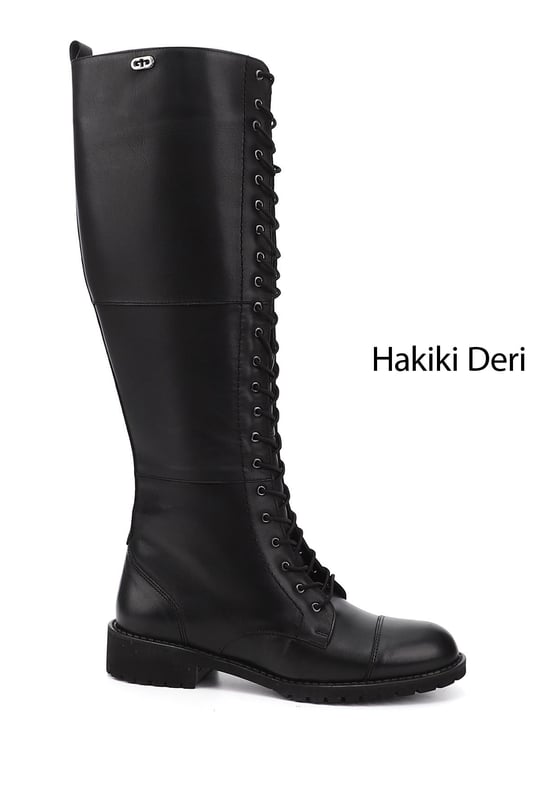 Kadın Siyah Fermuarlı Kauçuk Taban Hakiki Deri Postal Çizme