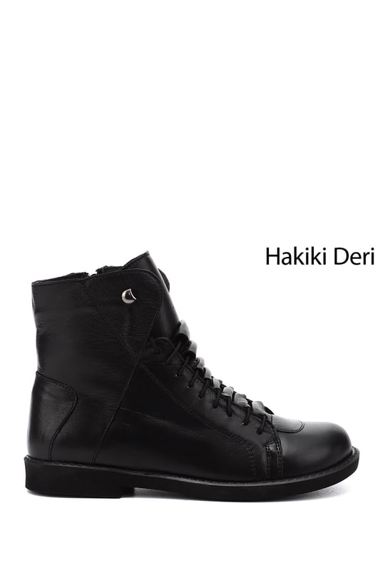 Kadın Siyah Fermuarlı Kauçuk Taban Hakiki Deri Bot