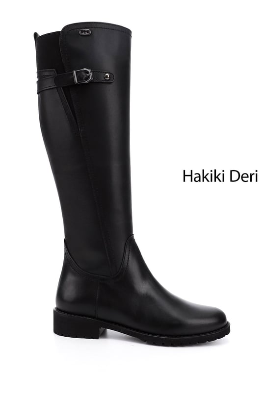 Kadın Siyah Fermuarlı Kauçuk Taban Hakiki Deri Çizme