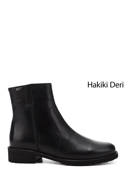 Kadın Siyah Fermuarlı Kauçuk Taban Hakiki Deri Bot