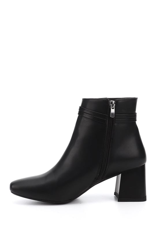 Women's Black Zippered Blunt Toe Thick Heel Boots