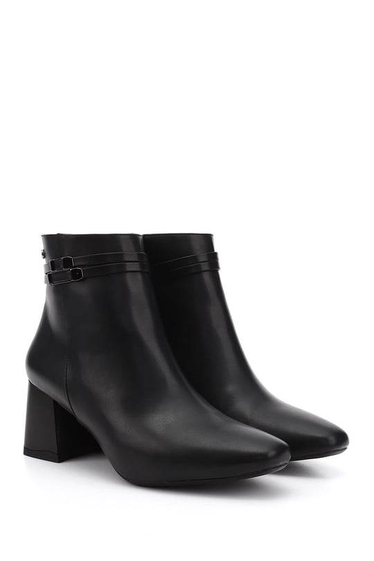 Women's Black Zippered Blunt Toe Thick Heel Boots
