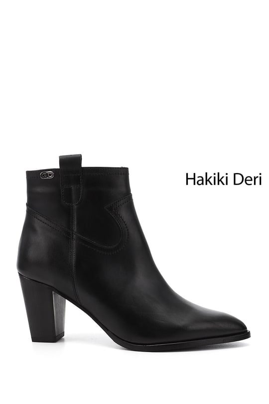 Kadın Siyah Fermuarlı Sivri Burun Hakiki Deri Bot