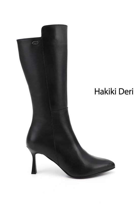 Kadın Siyah Fermuarlı Sivri Burun Hakiki Deri Çizme