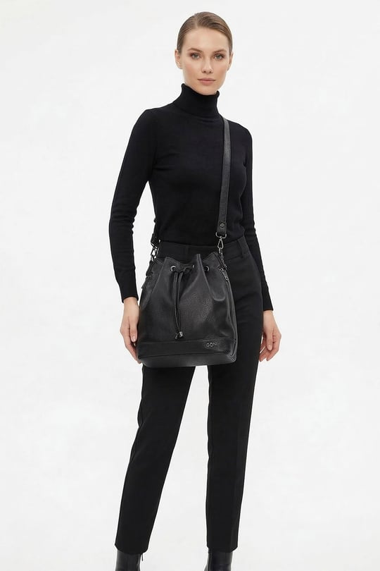 Women's Black Floater Drawstring Shoulder and Backpack Bag