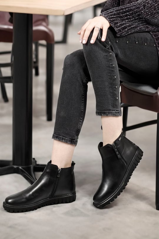 Women's Black Floater Double Zipper Thermo Sole Genuine Leather Boots