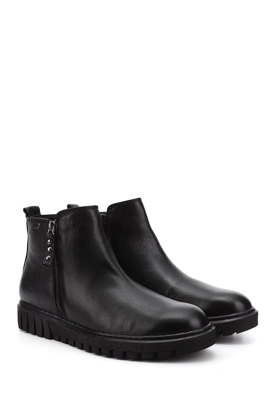 Women's Black Floater Double Zipper Thermo Sole Genuine Leather Boots