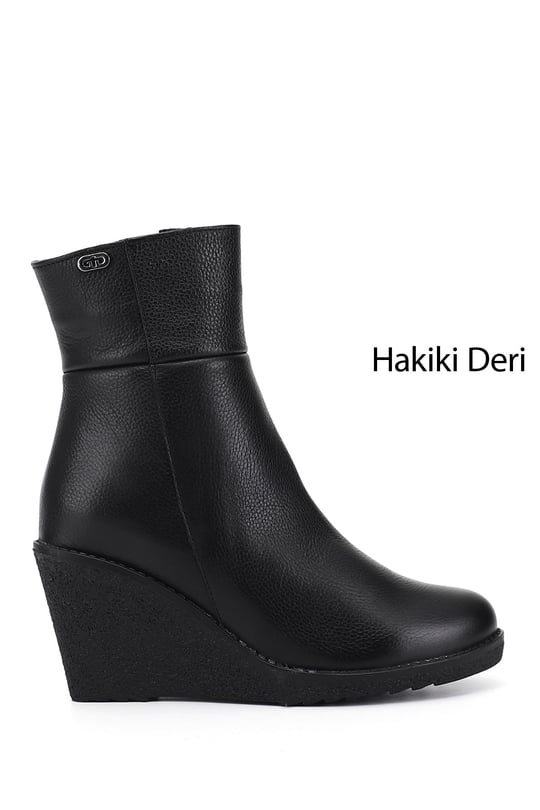 Kadın Siyah Floter Fermuarlı Dolgu Topuklu Hakiki Deri Bot