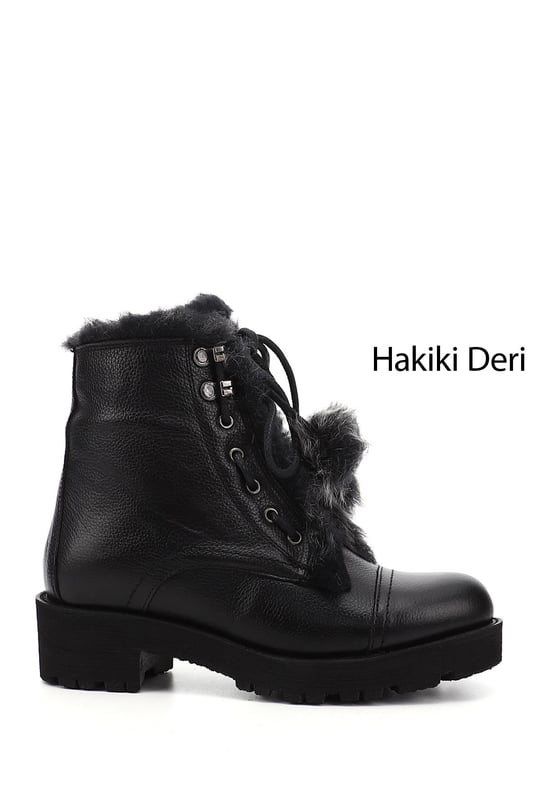 Kadın Siyah Floter Fermuarlı Hakiki Deri Kürklü Postal Bot