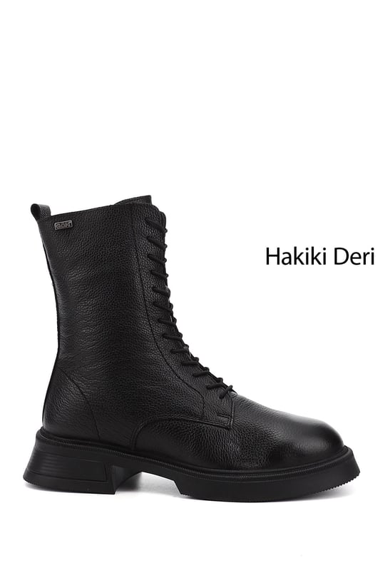Kadın Siyah Floter Fermuarlı Kalın Taban Hakiki Deri Postal Bot