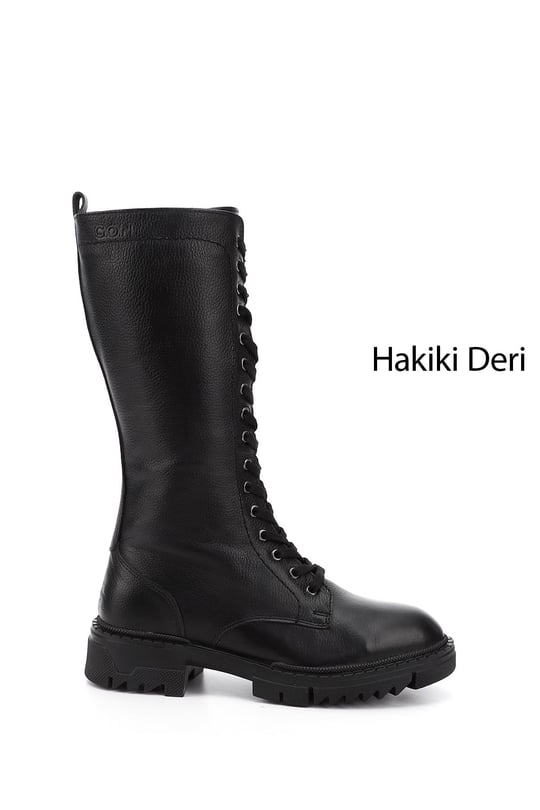 Kadın Siyah Floter Fermuarlı Kalın Topuklu Hakiki Deri Postal Çizme