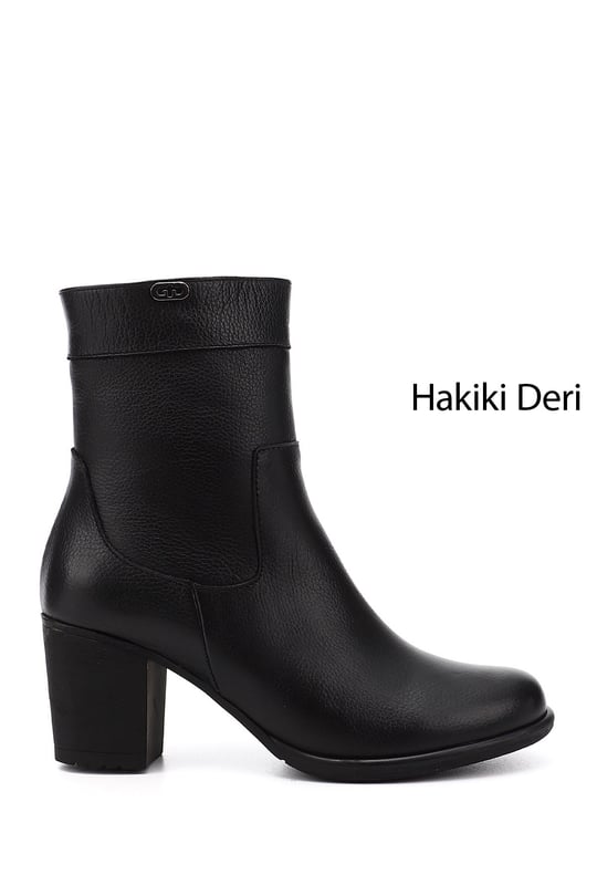 Kadın Siyah Floter Fermuarlı Kalın Topuklu Hakiki Deri Bot