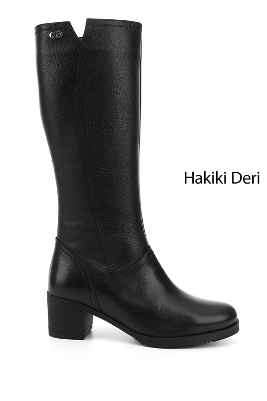 Kadın Siyah Floter Fermuarlı Kalın Topuklu Hakiki Deri Çizme