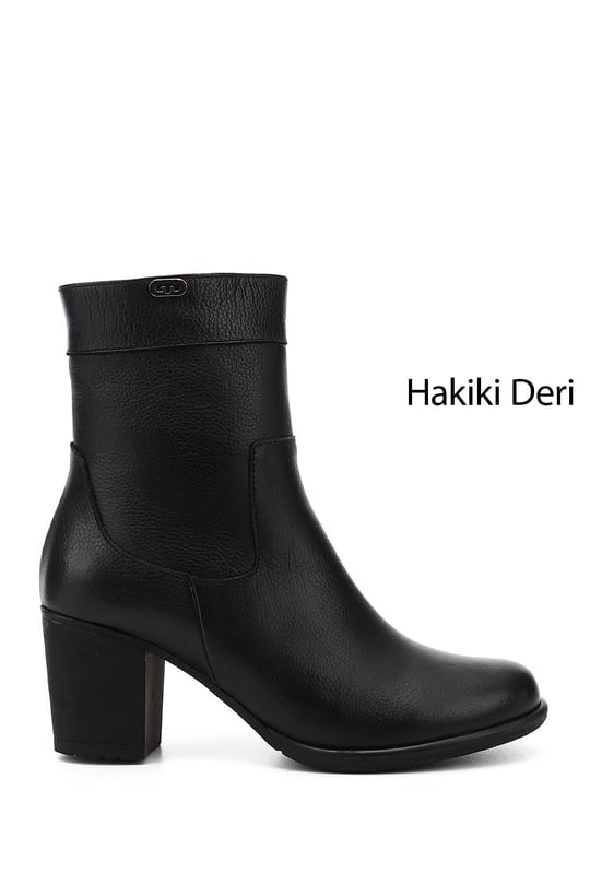 Kadın Siyah Floter Fermuarlı Kalın Topuklu Hakiki Deri Bot