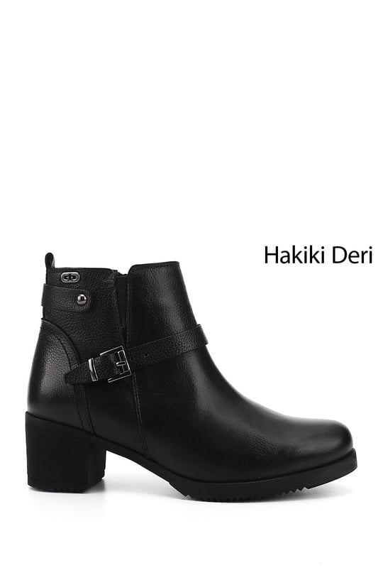Kadın Siyah Floter Fermuarlı Kalın Topuklu Hakiki Deri Bot