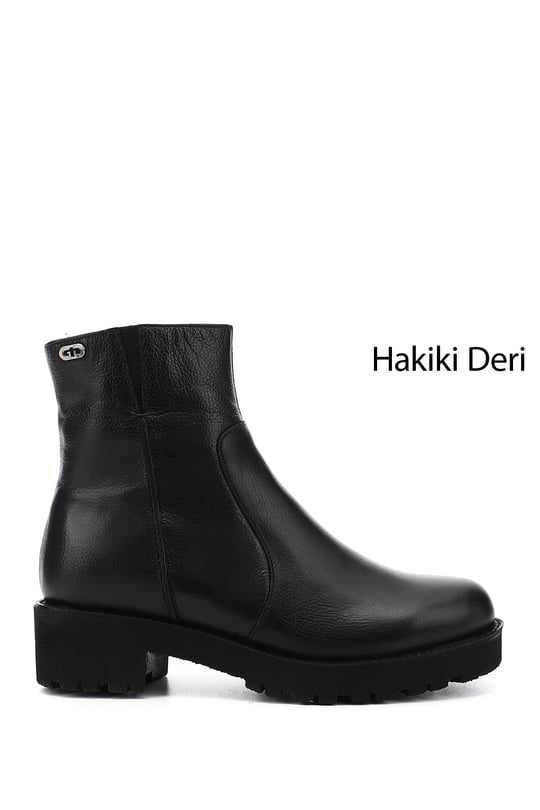 Kadın Siyah Floter Fermuarlı Kalın Topuklu Hakiki Deri Bot