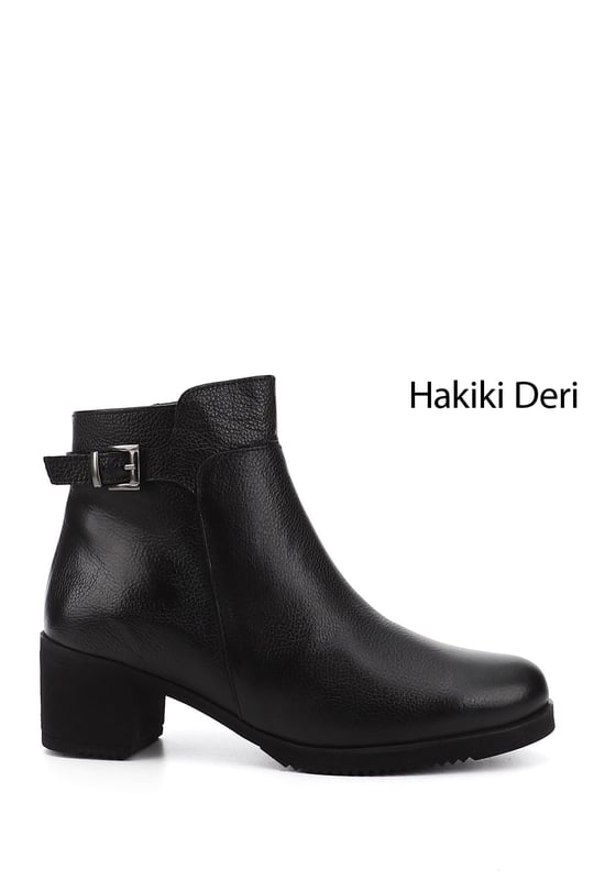 Kadın Siyah Floter Fermuarlı Kalın Topuklu Hakiki Deri Bot