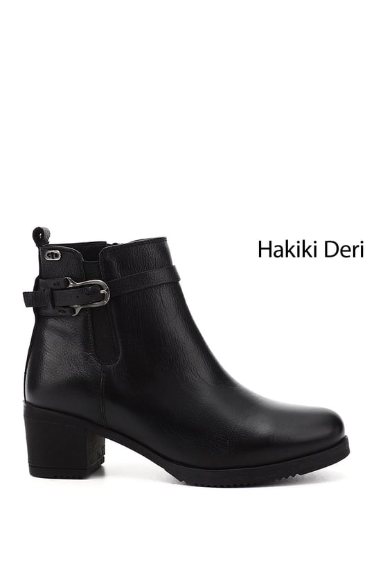 Kadın Siyah Floter Fermuarlı Kalın Topuklu Hakiki Deri Bot