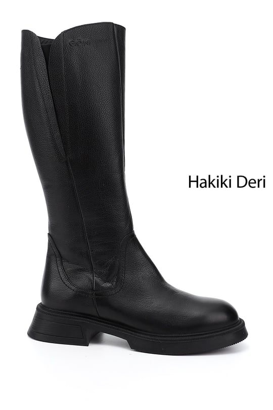 Kadın Siyah Floter Fermuarlı Kalın Topuklu Hakiki Deri Çizme