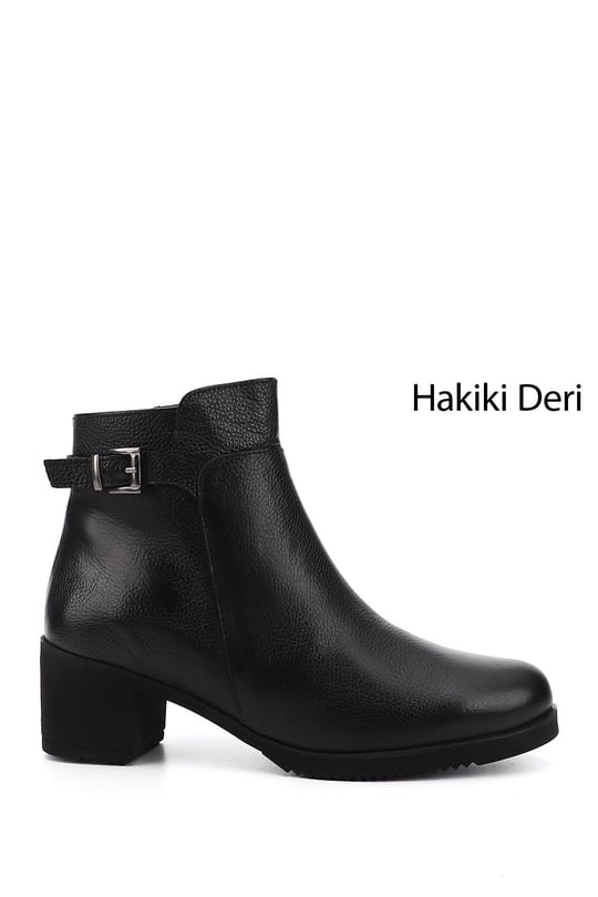 Kadın Siyah Floter Fermuarlı Kalın Topuklu Hakiki Deri Bot