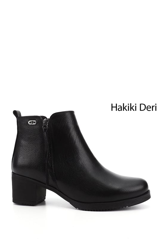 Kadın Siyah Floter Fermuarlı Kalın Topuklu Hakiki Deri Bot