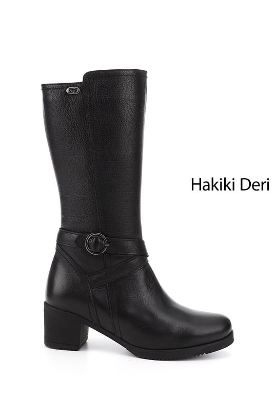 Kadın Siyah Floter Fermuarlı Kalın Topuklu Hakiki Deri Çizme