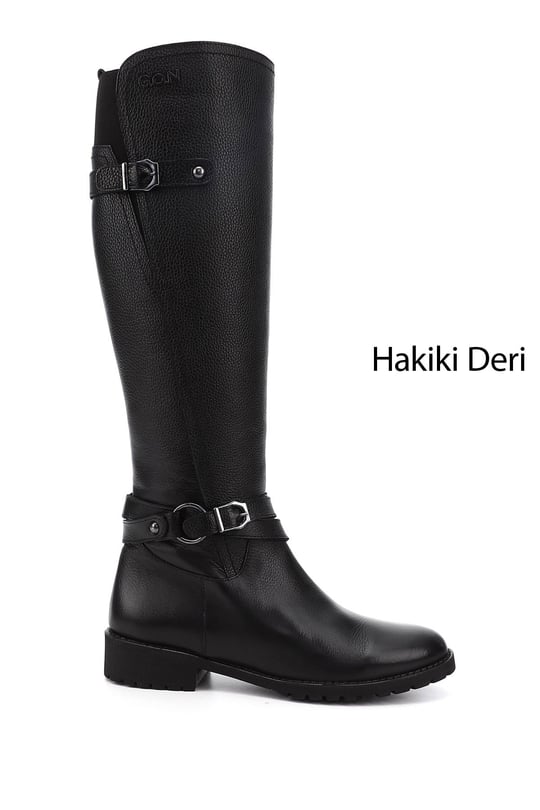 Kadın Siyah Floter Fermuarlı Kauçuk Taban Hakiki Deri Çizme