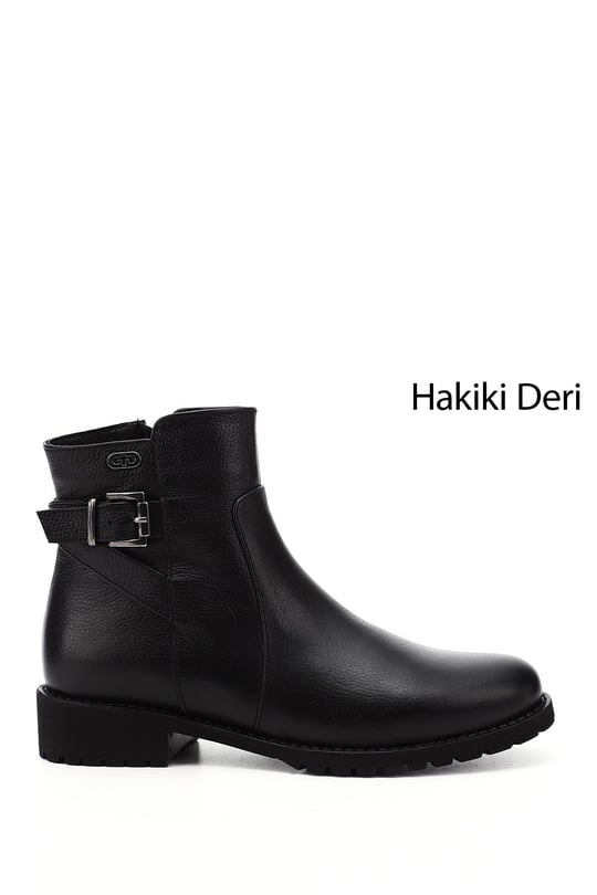 Kadın Siyah Floter Fermuarlı Kauçuk Taban Hakiki Deri Bot