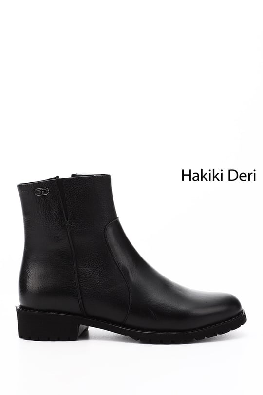 Kadın Siyah Floter Fermuarlı Kauçuk Taban Hakiki Deri Bot