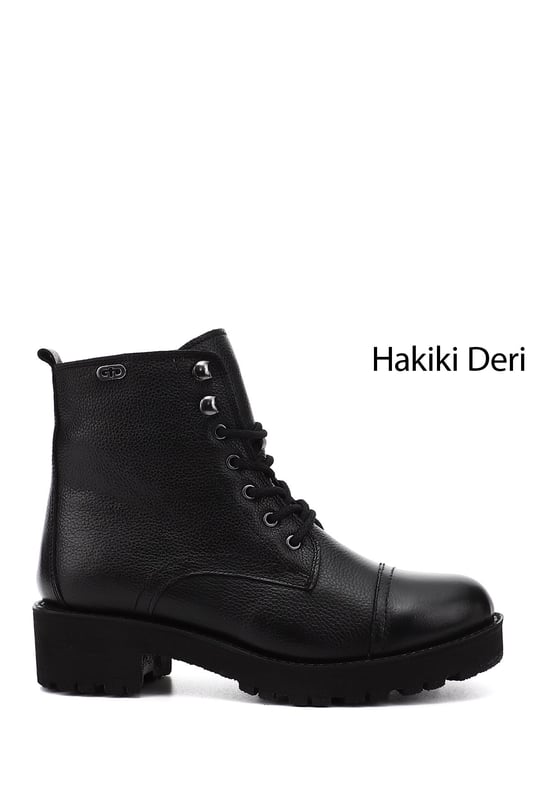 Women's Black Floater Zippered Rubber Sole Genuine Leather Combat Boots