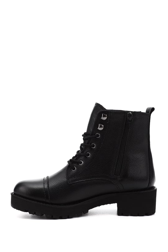 Women's Black Floater Zippered Rubber Sole Genuine Leather Combat Boots