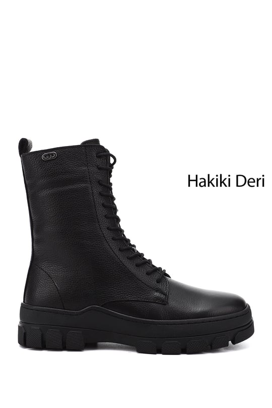 Kadın Siyah Floter Fermuarlı Kauçuk Taban Hakiki Deri Postal Bot