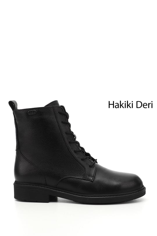 Kadın Siyah Floter Fermuarlı Kauçuk Taban Hakiki Deri Postal Bot