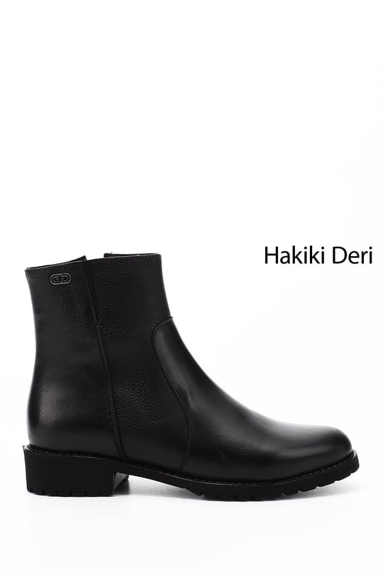 Kadın Siyah Floter Fermuarlı Kauçuk Taban Hakiki Deri Bot
