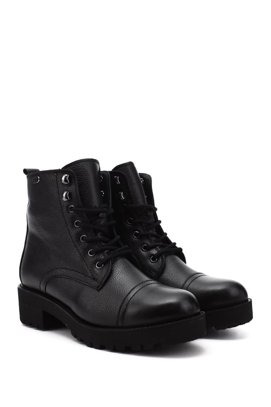 Women's Black Floater Zippered Rubber Sole Genuine Leather Combat Boots