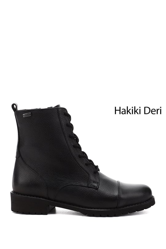 Kadın Siyah Floter Fermuarlı Kauçuk Taban Hakiki Deri Postal Bot