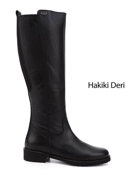 Kadın Siyah Floter Fermuarlı Kauçuk Taban Hakiki Deri Çizme