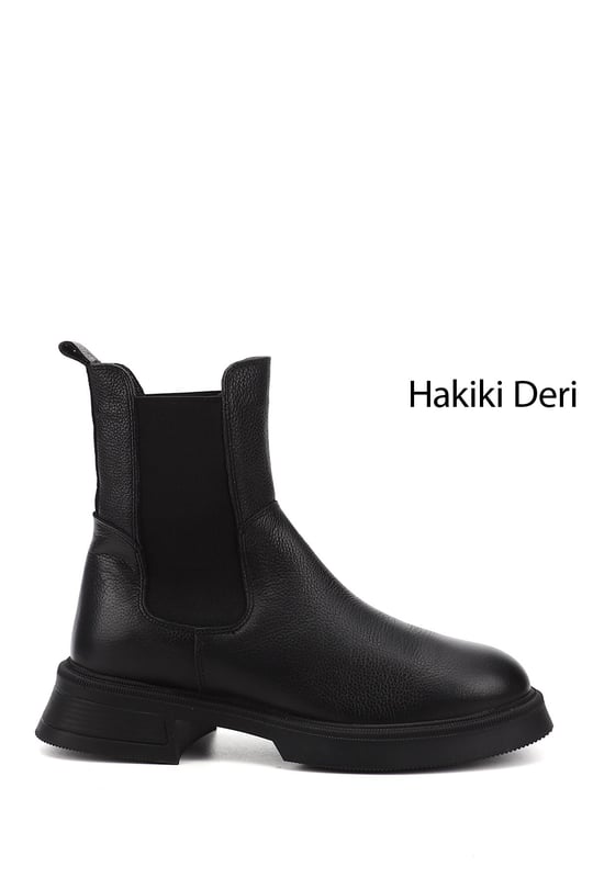 Kadın Siyah Floter Kalın Taban Hakiki Deri Chelsea Bot