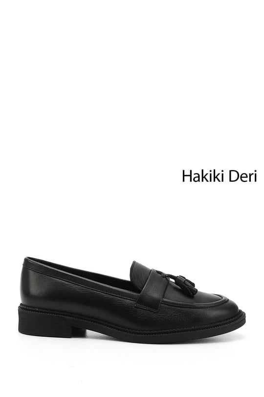 Kadın Siyah Hakiki Deri Püsküllü Loafer Ayakkabı