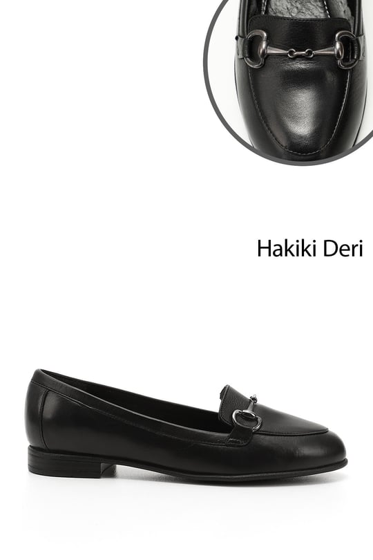 Kadın Siyah Hakiki Deri Tokalı Babet