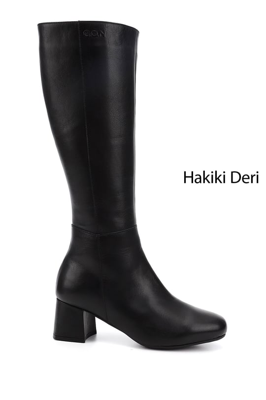 Kadın Siyah Hakiki Deri Topuklu Fermuarlı Çizme