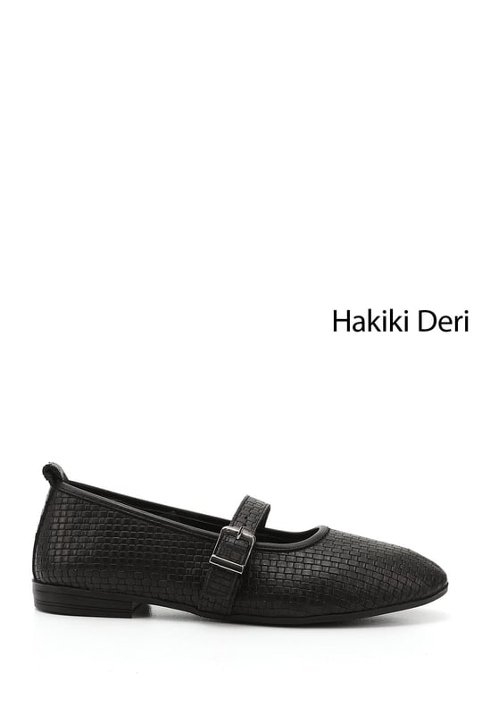 Kadın Siyah Hasır Baskılı Mary Jane Hakiki Deri Babet