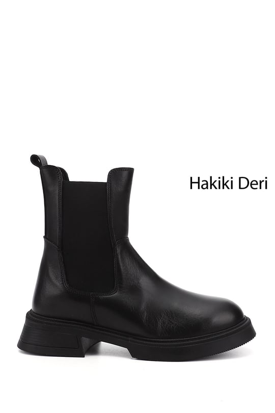 Kadın Siyah Kalın Taban Hakiki Deri Chelsea Bot