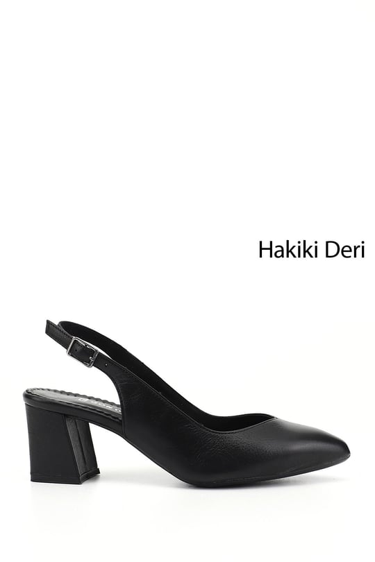 Kadın Siyah Kalın Topuklu Arkası Açık Hakiki Deri Ayakkabı