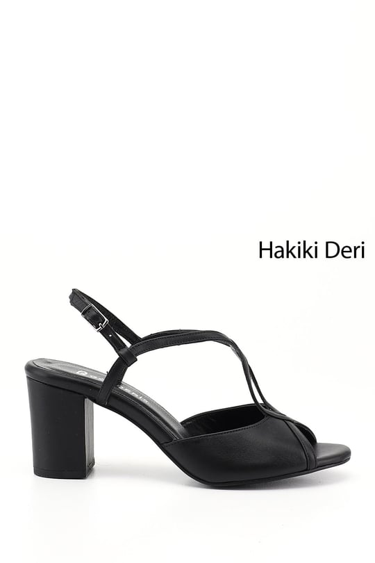 Kadın Siyah Kalın Topuklu Arkası Açık Hakiki Deri Sandalet
