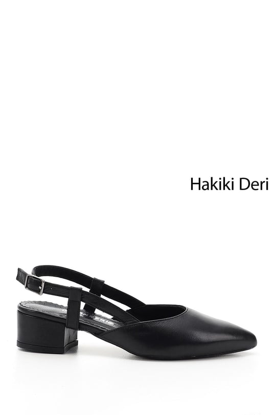 Kadın Siyah Kalın Topuklu Arkası Açık Hakiki Deri Ayakkabı