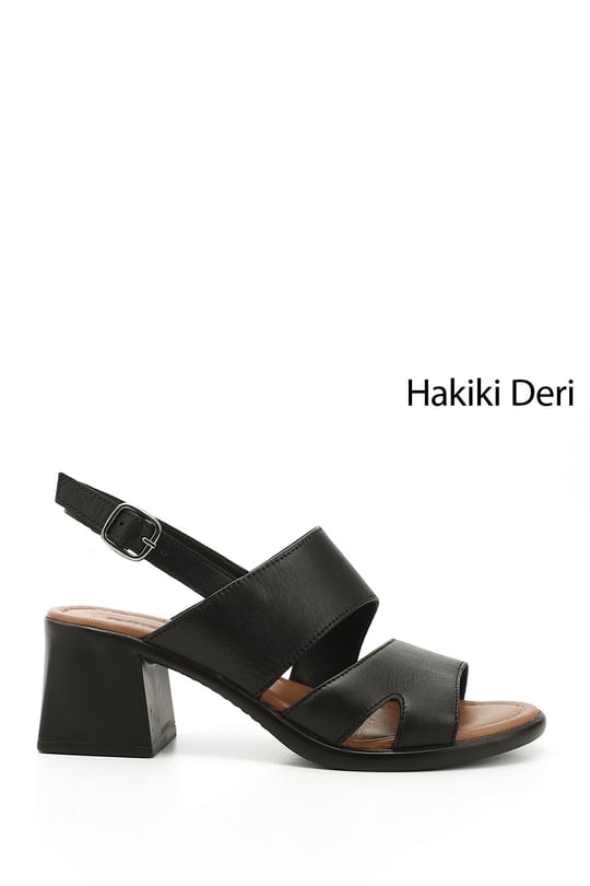 Kadın Siyah Kalın Topuklu Hakiki Deri Sandalet