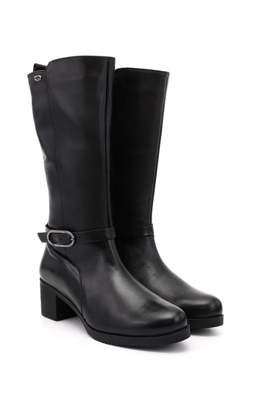 Women's Black Chunky Heel Genuine Leather Boots