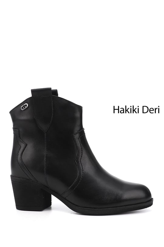 Kadın Siyah Kalın Topuklu Hakiki Deri Kovboy Bot