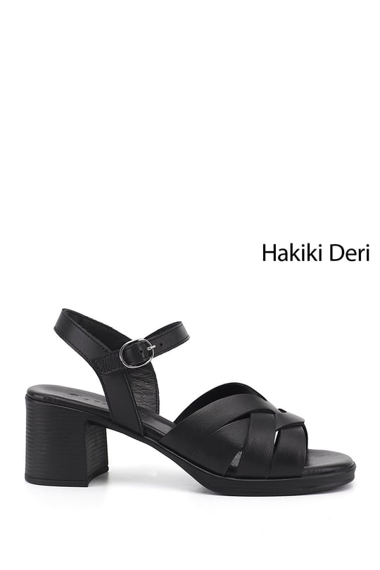 Kadın Siyah Kalın Topuklu Hakiki Deri Sandalet